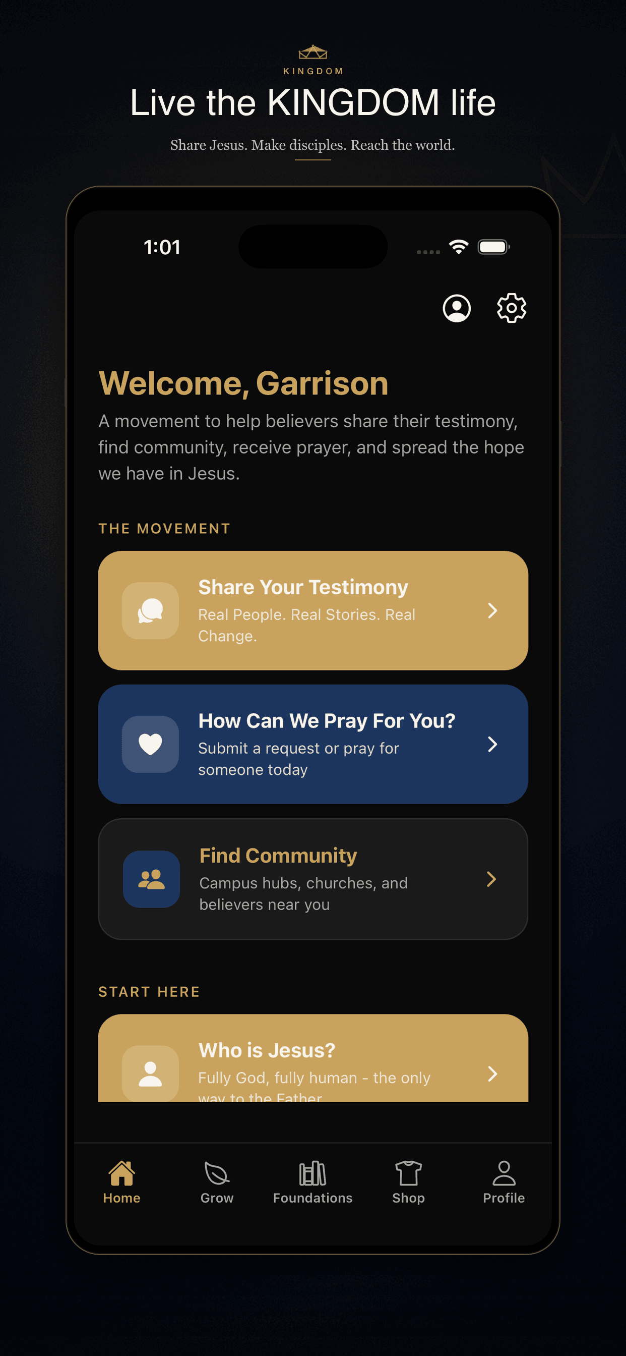 KINGDOM app home screen — Live the KINGDOM life